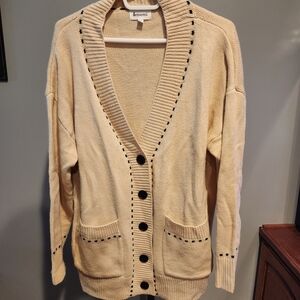 &merci Cream V-Neck Button Cardigan with Contrast Stitch